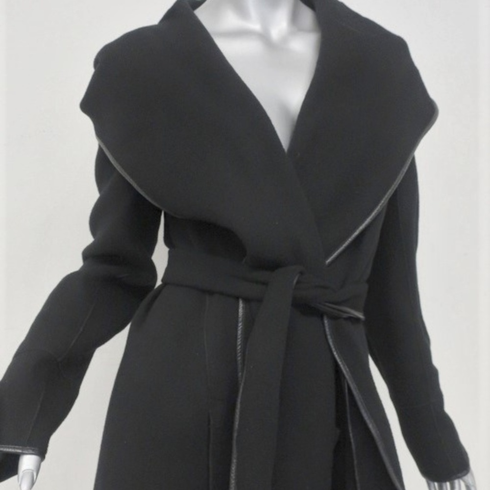 Donna Karan Icons Hooded Wrap Coat Leather-Trim - Picture 2 of 5